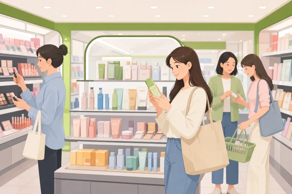 olive young explained olive young store layout with skincare, makeup, hair, and wellness zones