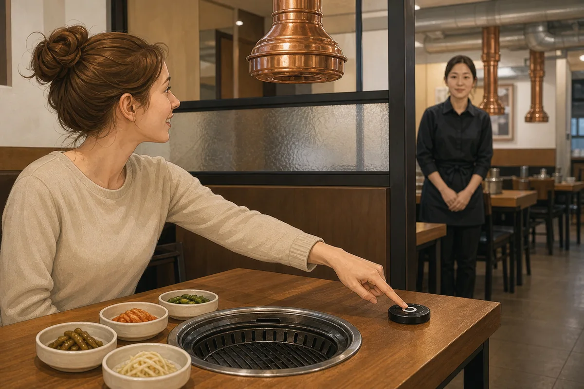 First-time visitor learning how to order at Korean restaurant with the table call bell