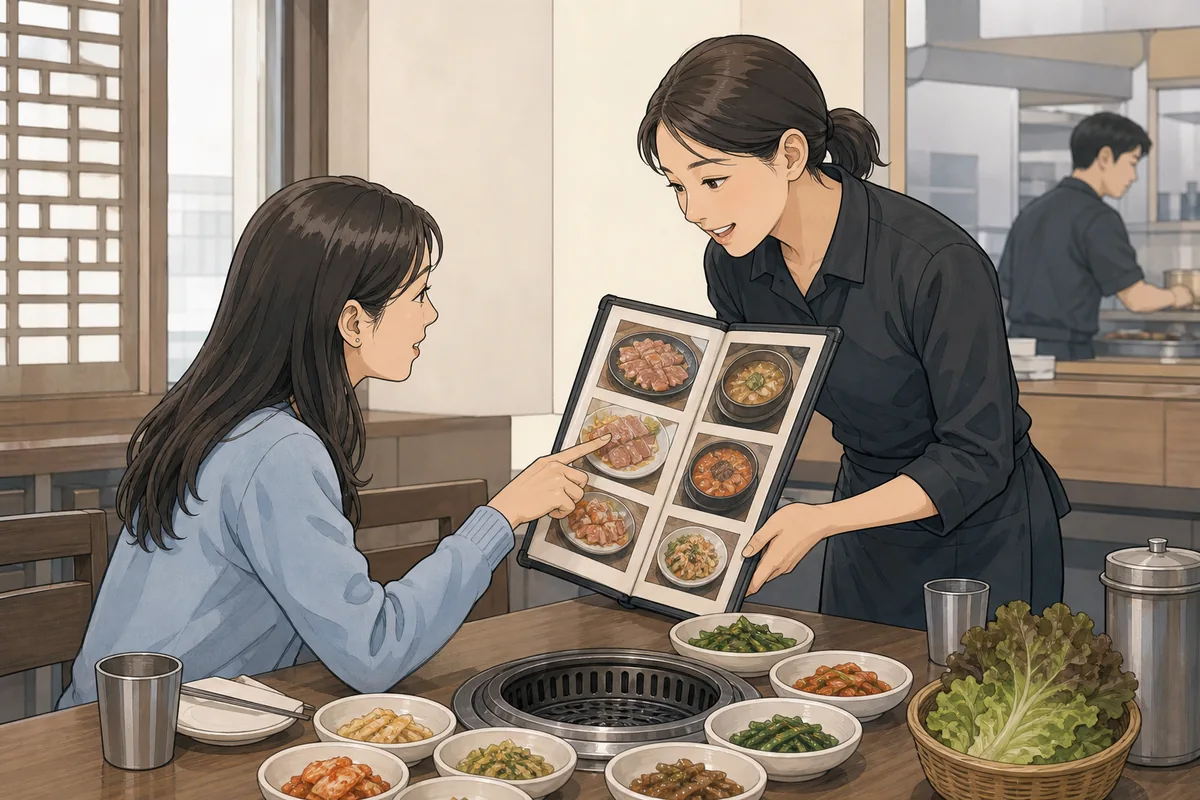 Customer pointing at a menu to order at Korean restaurant without speaking Korean