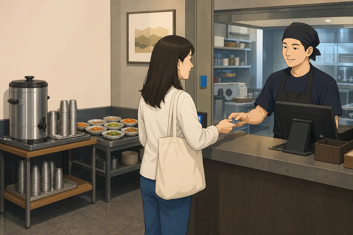 Paying at the counter after you order at Korean restaurant with self-serve water nearby