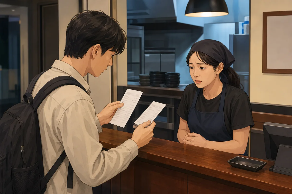 Traveler comparing a receipt and card slip after being overcharged or scammed in Korea