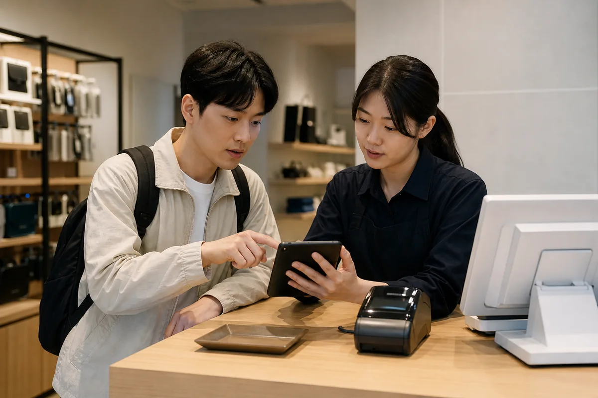 Staff reviewing a bill with a traveler at a Korean shop counter
