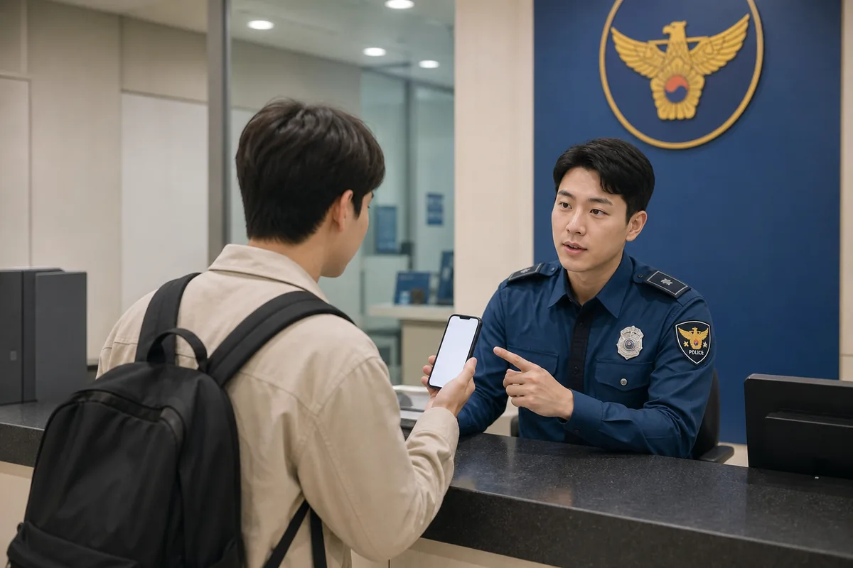 Traveler asking for help at a tourist information center in Korea after a payment problem