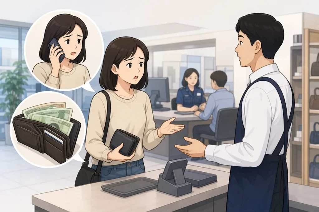 Traveler checking what to do if overcharged or scammed in Korea at a payment counter