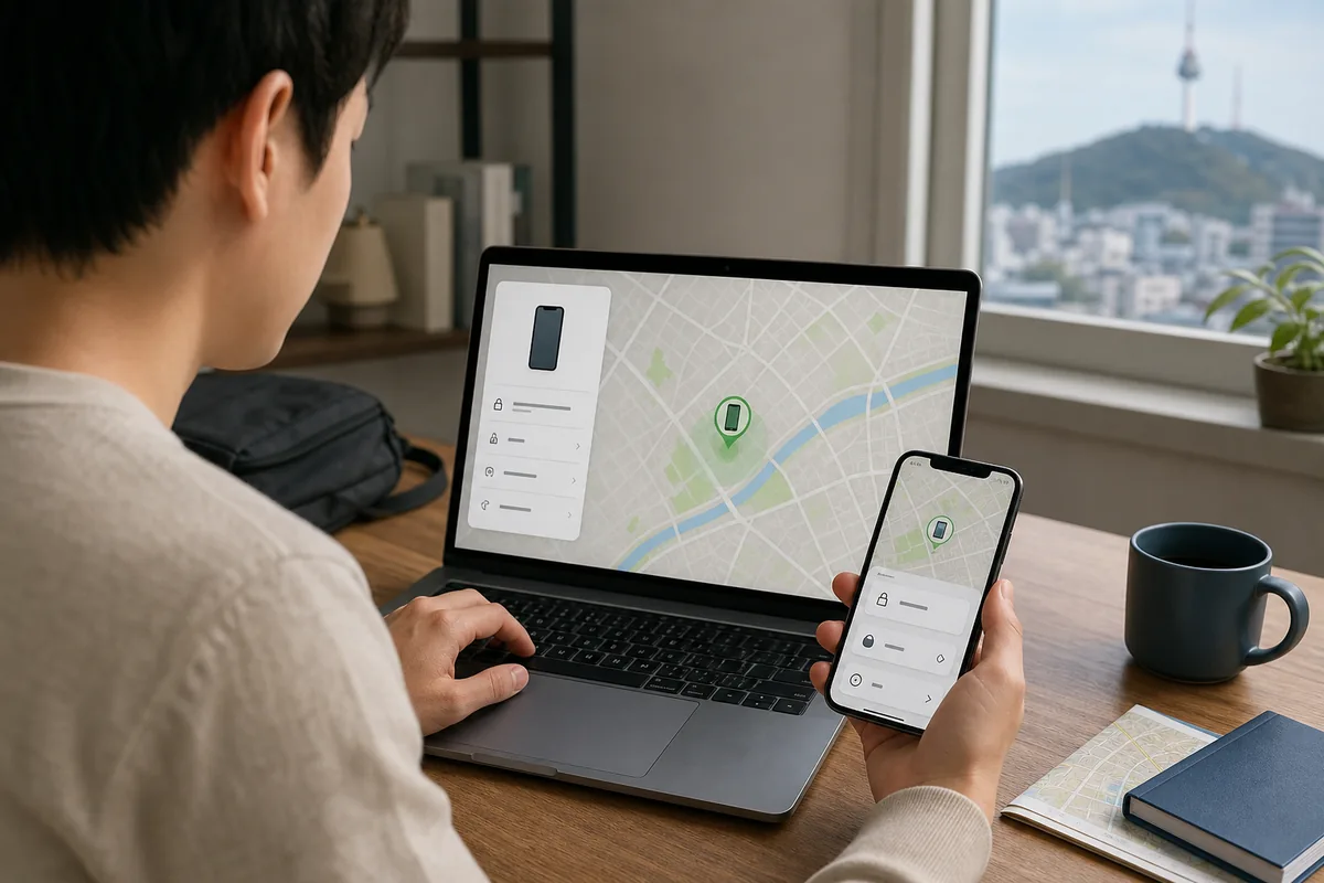 Traveler using another device to handle a phone lost stolen case in Korea with remote lock screen