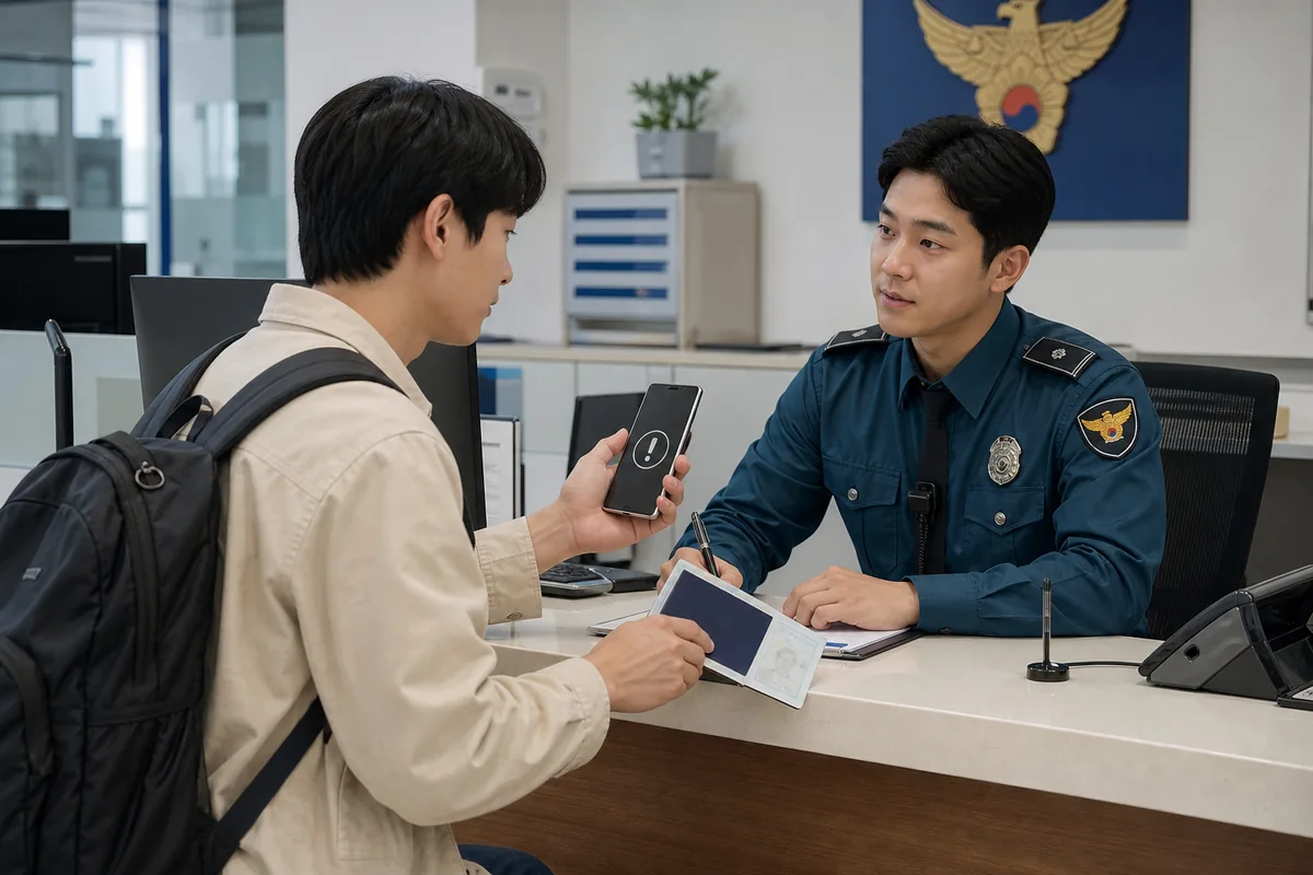 Foreign traveler at a Korean police station asking for help after a phone lost stolen incident