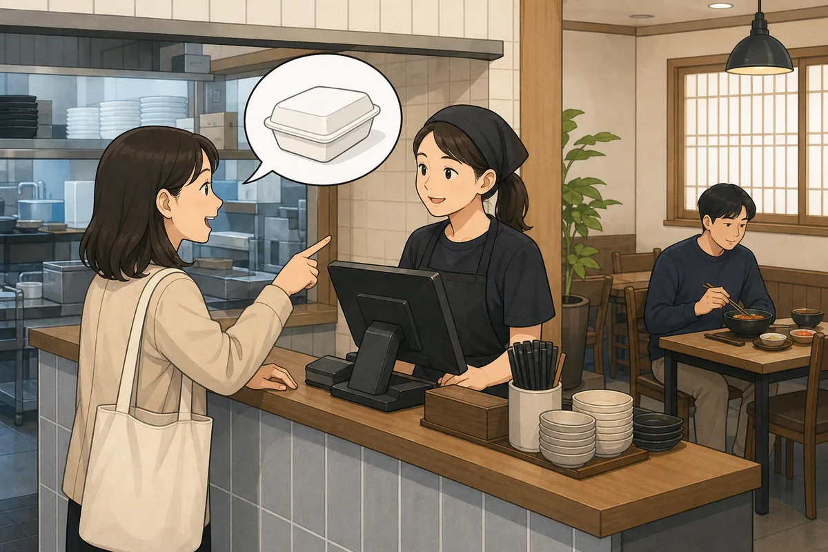 customer saying 포장이요 at a counter to order takeout in Korea