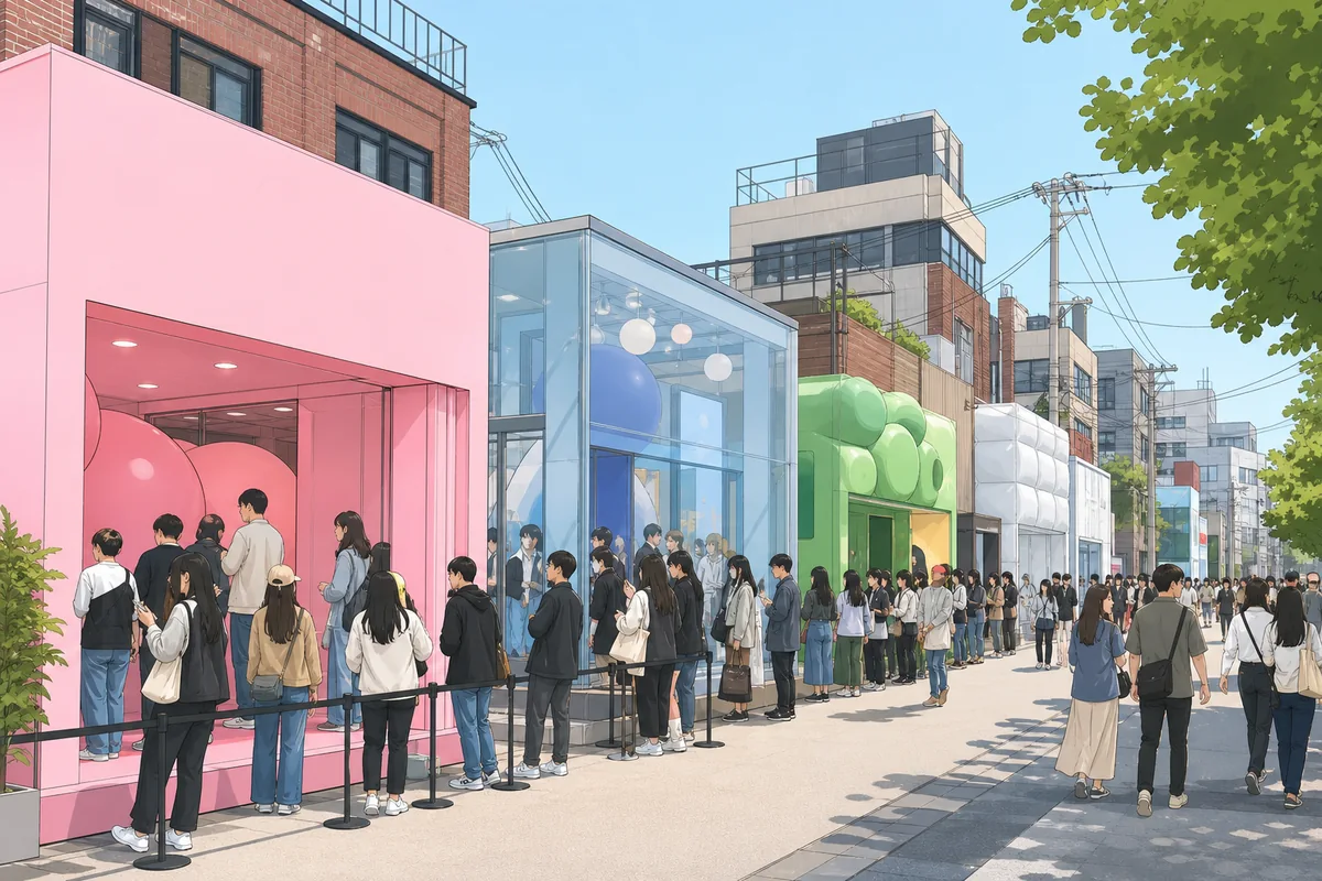 pop up stores at The Hyundai Seoul with a reservation check-in desk and waiting line