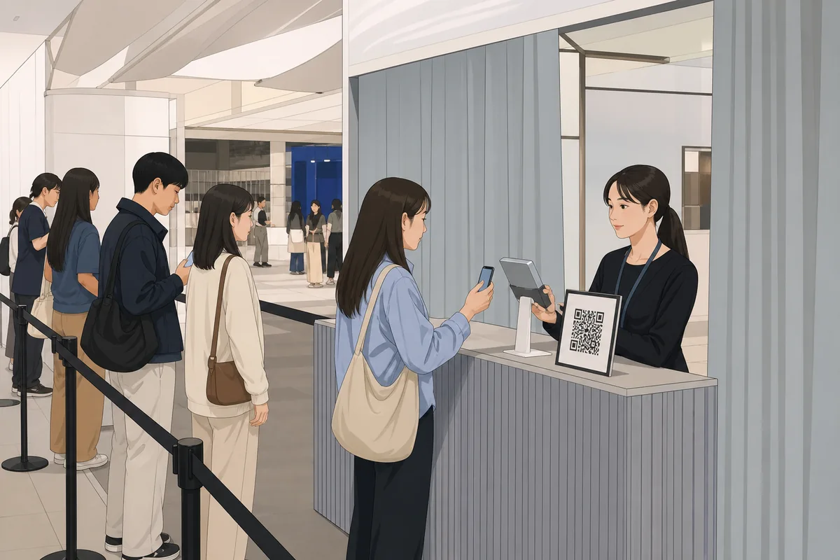 a Korean pop-up store entrance notice showing operating dates, time slots, and reservation only rules