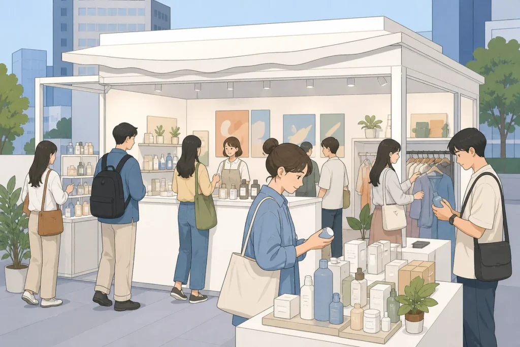 pop up stores in Seongsu showing multiple brand pop-ups and a queue outside a temporary shop