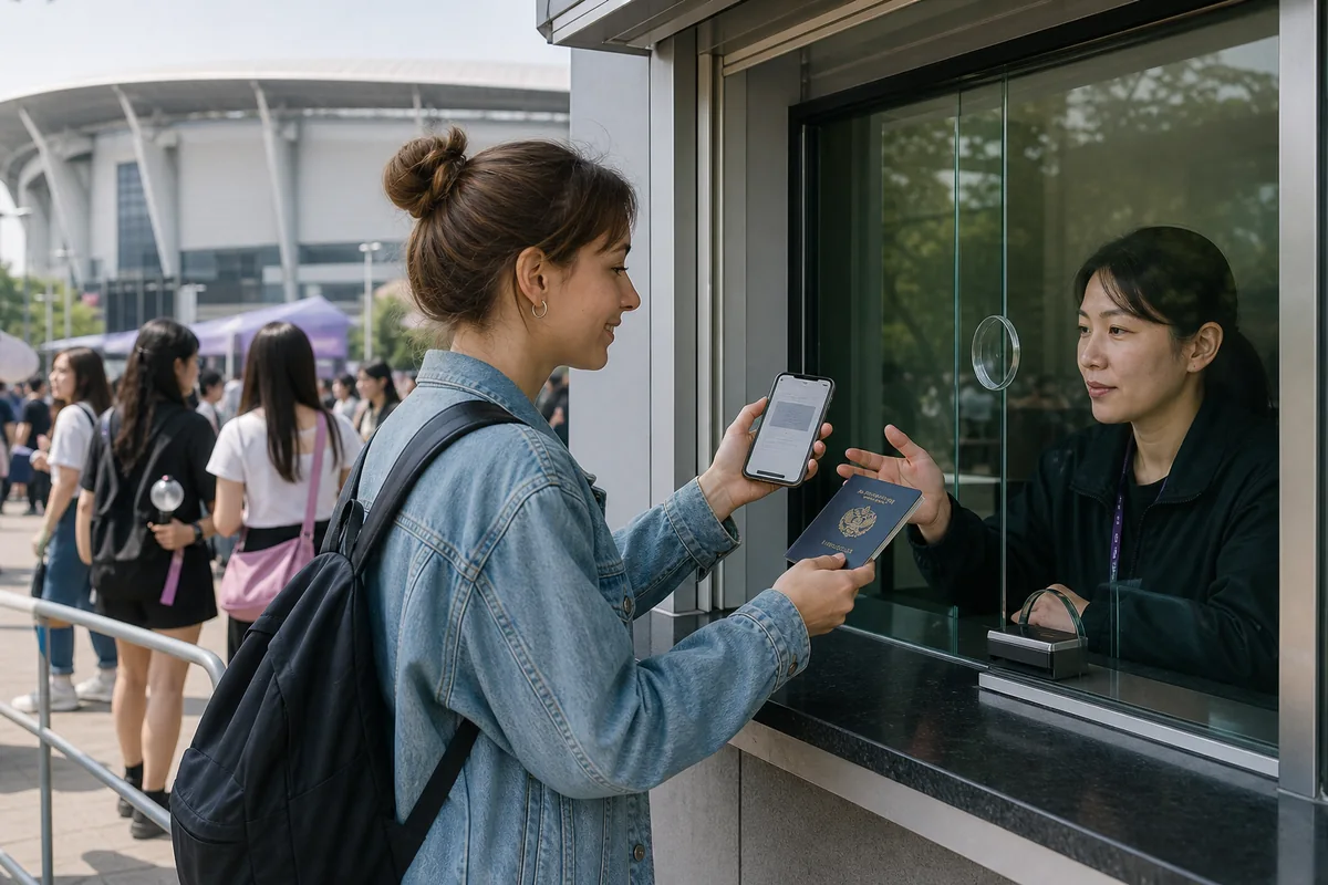 seatak sugeum pickup booth outside a K-pop concert venue with a foreign visitor and reservation confirmation