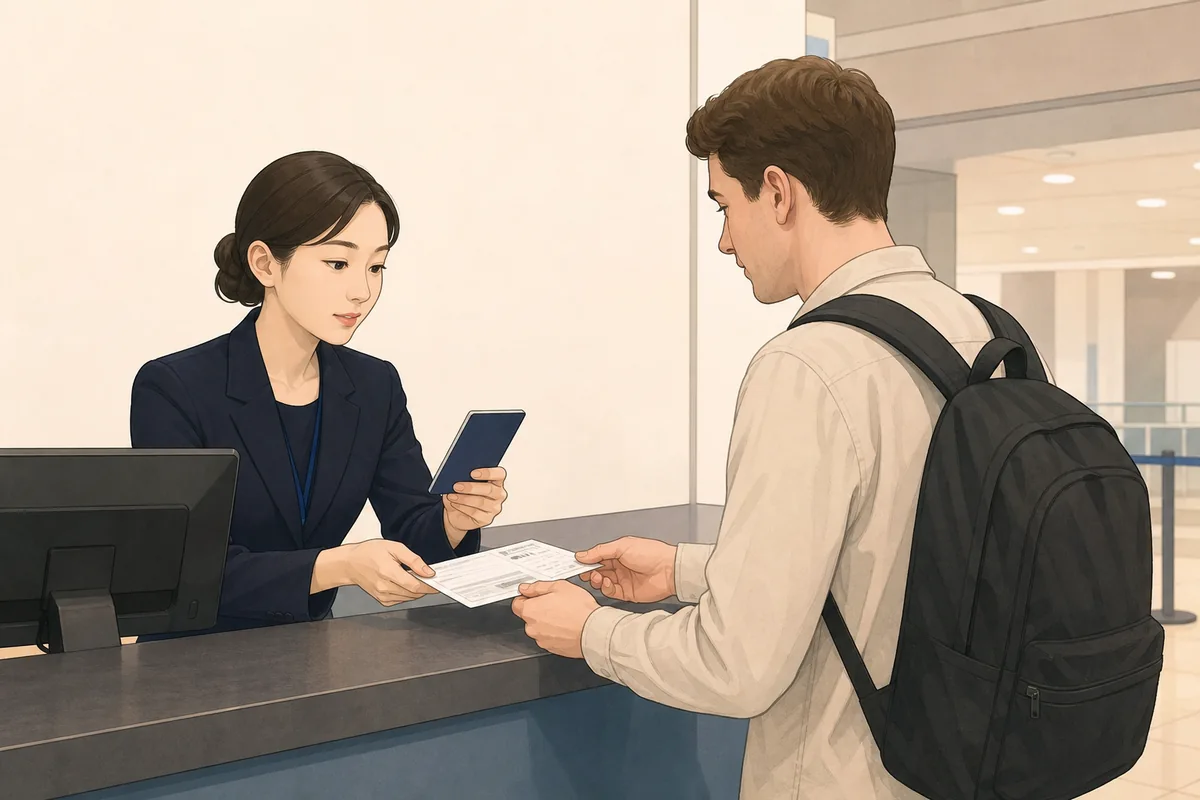 seatak sugeum staff checking a passport and reservation confirmation at the on-site ticket counter