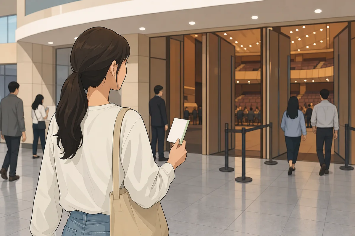visitor holding a physical concert ticket after seatak sugeum pickup and walking toward the entrance gate