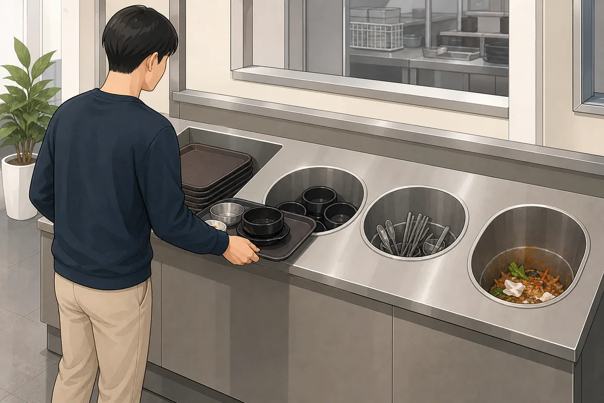 self service restaurants korea tray return area 퇴식구 with stacked trays and bins