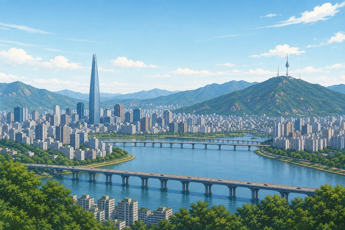 seoul different cities seen in a wide skyline between mountains and the Han River