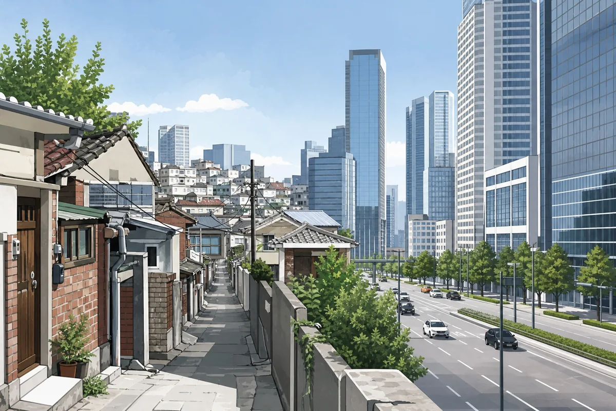 A narrow old alley beside a modern tower district showing why seoul different cities feels so mixed