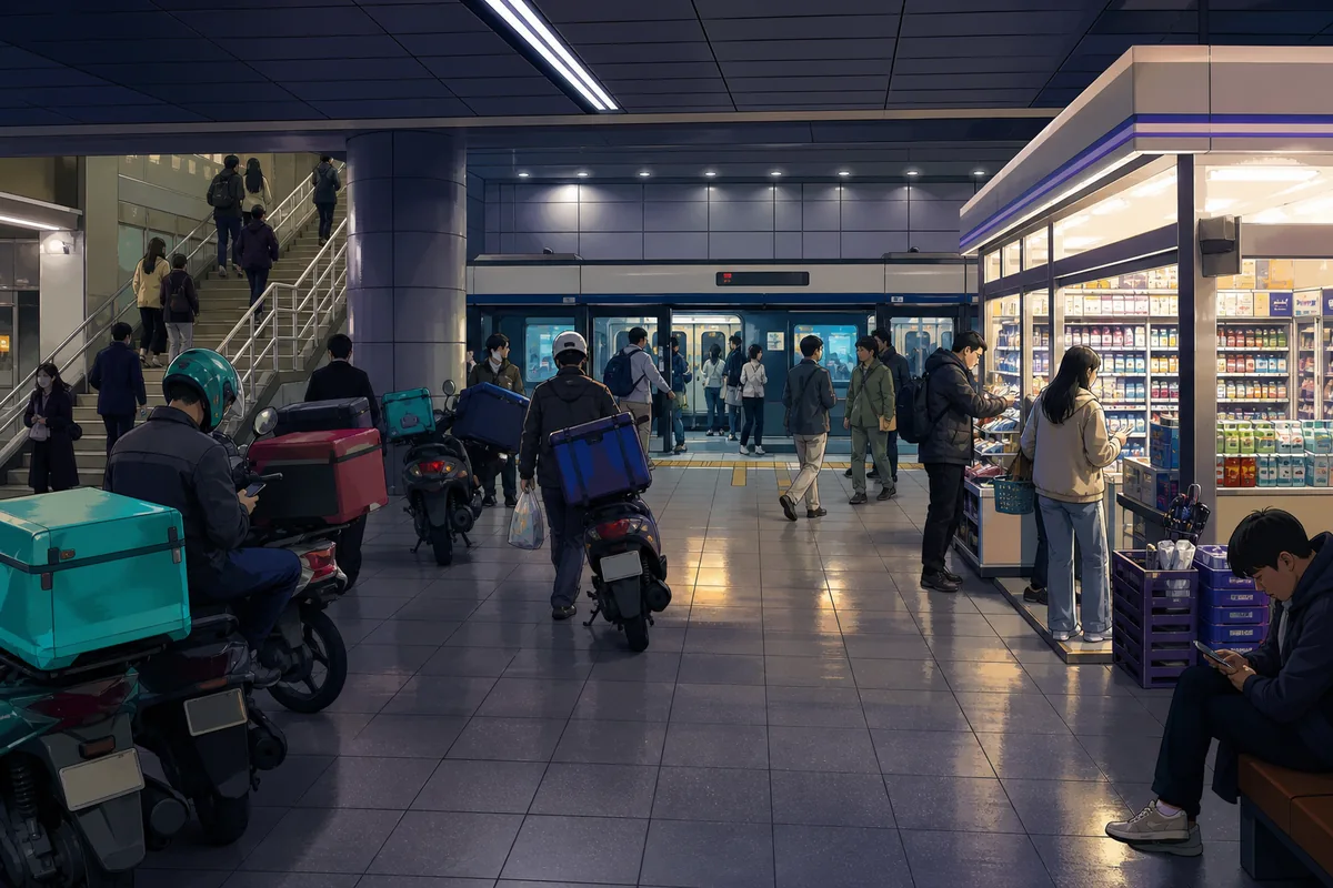 A late-night subway station and convenience store scene showing Seoul’s 24-hour rhythm