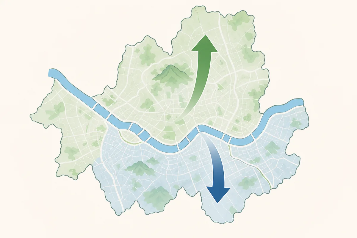 seoul not one city Seoul city structure map showing the Han River dividing Gangbuk and Gangnam