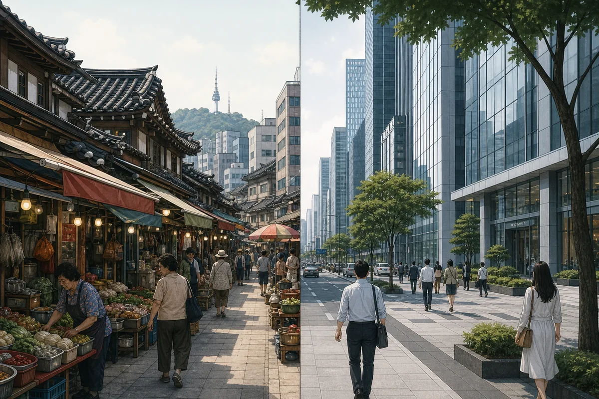 Contrast between old Seoul streets in Gangbuk and modern towers in Gangnam
