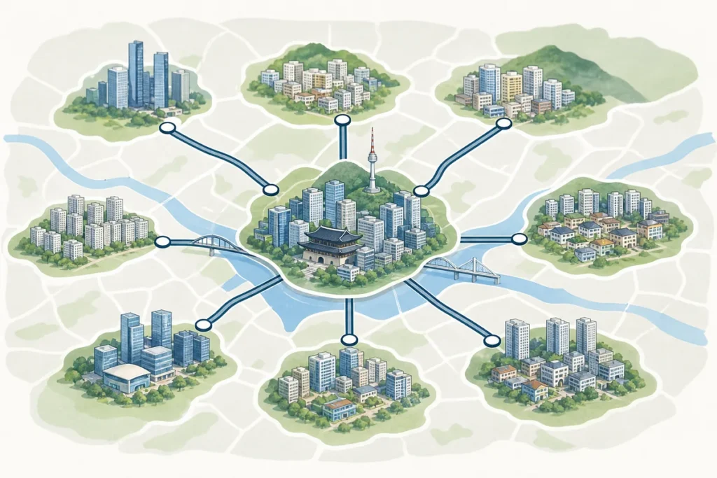 seoul not one city Seoul city structure map showing the Han River dividing Gangbuk and Gangnam