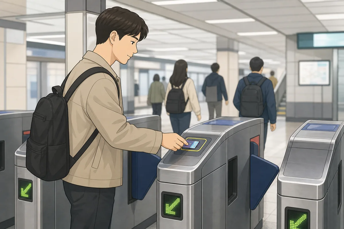 seoul subway guide showing line colors and direction signs on a Seoul platform