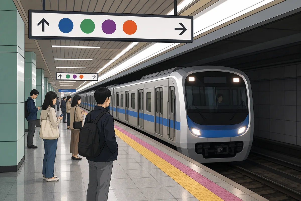 seoul subway guide showing a transfer walkway with exit numbers and route displays