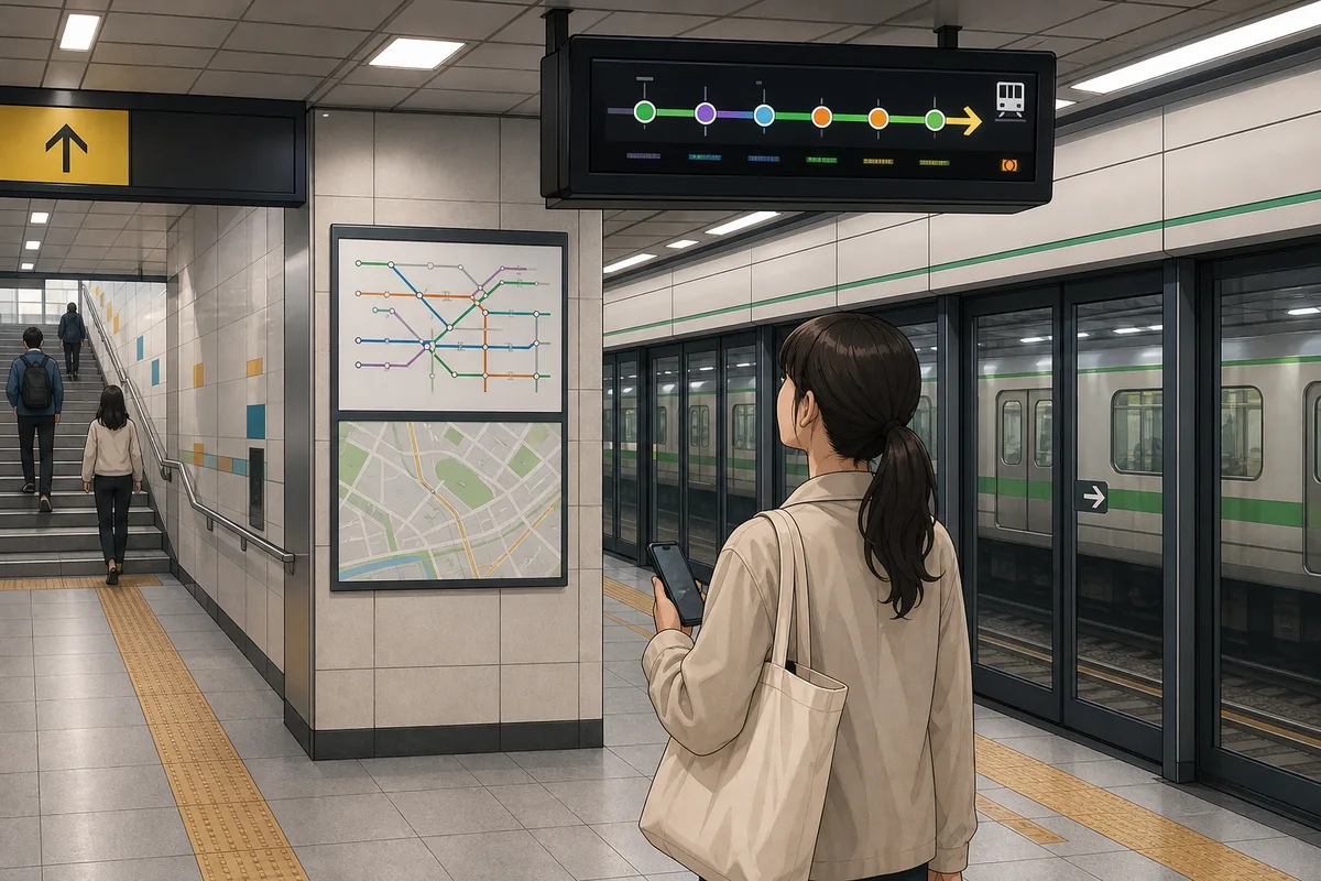 A Seoul subway rider checking station signs before choosing the correct exit