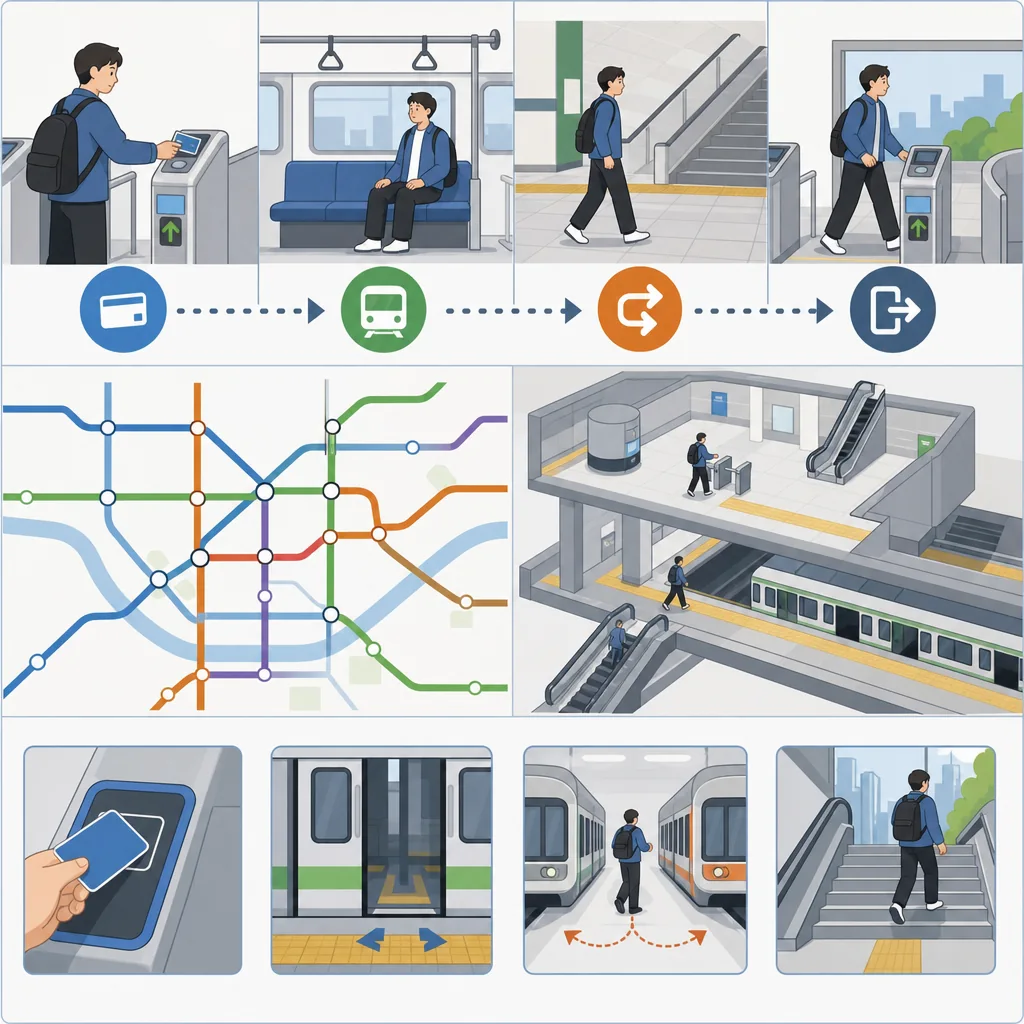 Seoul subway guide infographic with steps for tap in, platform signs, transfers, and exit numbers