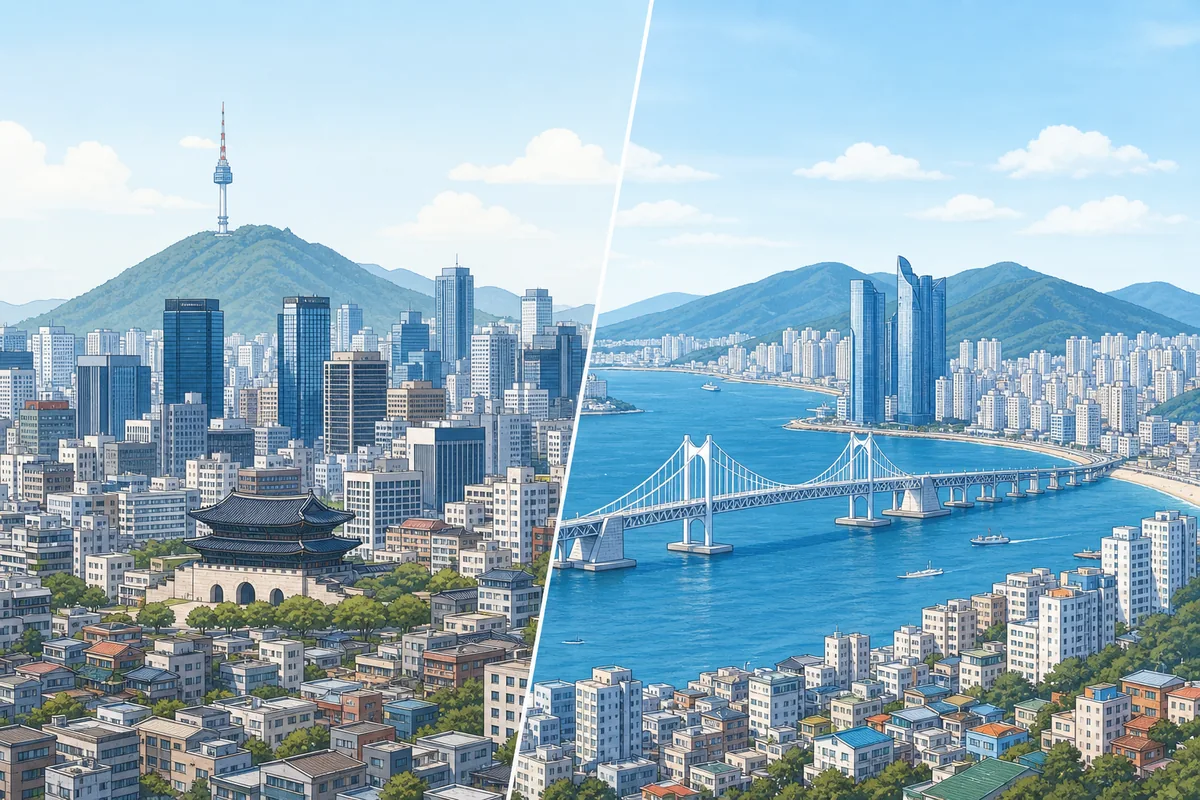 Seoul vs Busan cityscape comparison showing dense downtown and coastal skyline