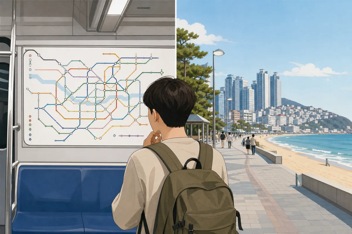 Seoul vs Busan travel choice between subway map and beach promenade