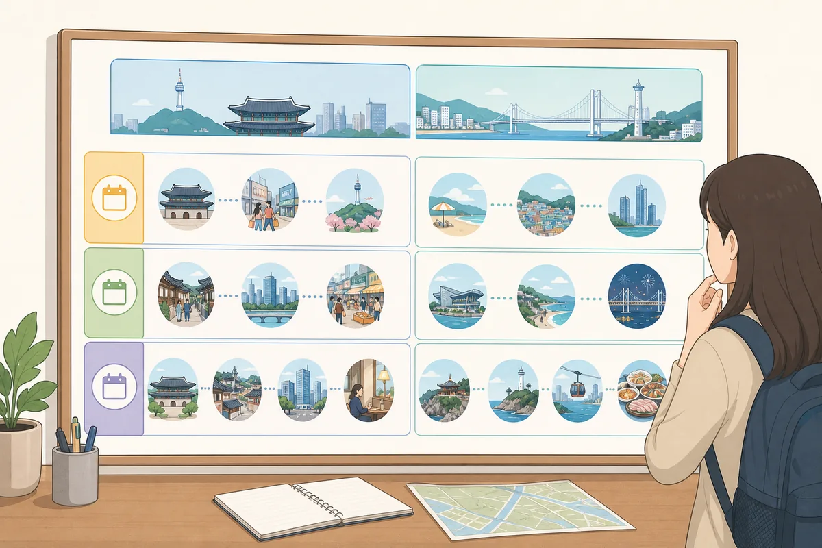 Short itinerary board showing Seoul vs Busan options for 2-day, 3-day, and 5-day trips