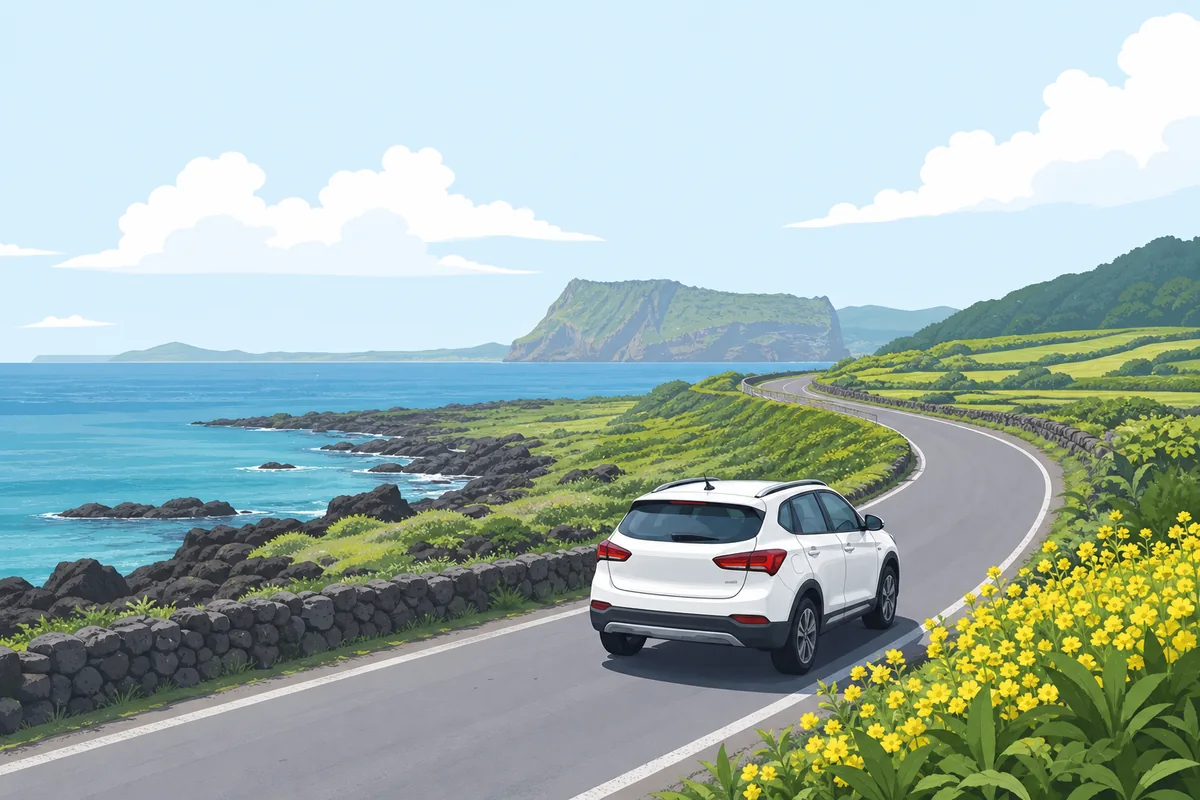 seoul vs jeju with a Jeju rental car on a scenic coastal road