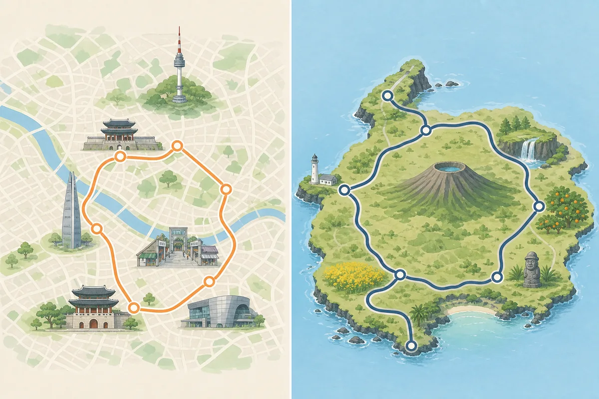seoul vs jeju itinerary comparison map with compact Seoul routes and spread out Jeju drives