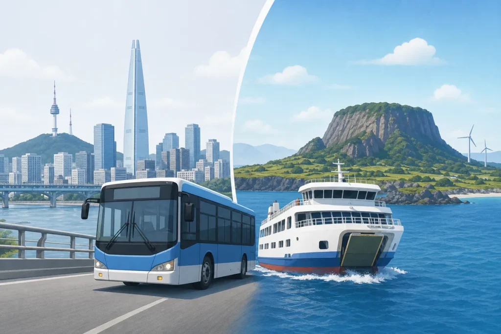 seoul vs jeju comparison showing Seoul subway travel and Jeju coastal scenery