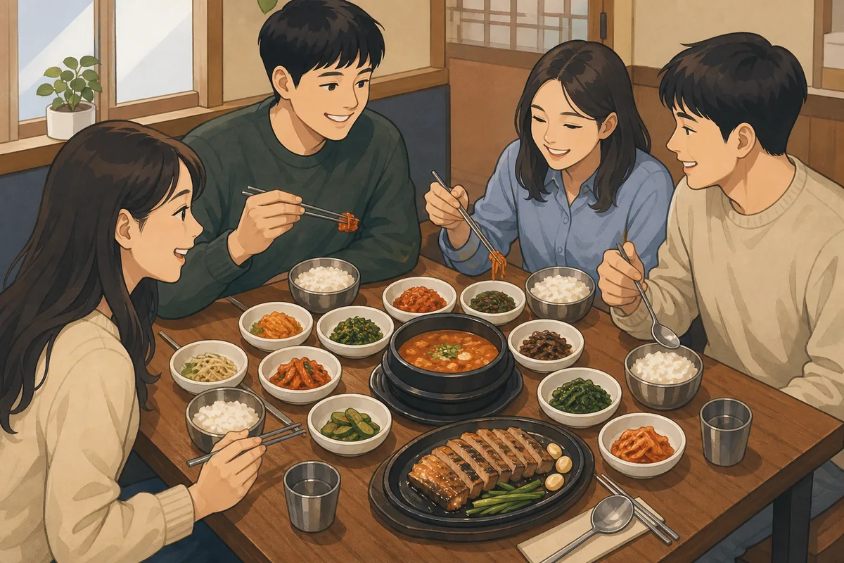 side dishes in Korea explained with several banchan dishes around one main meal