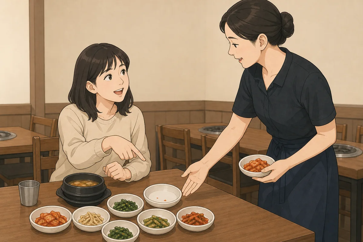 asking for a refill of side dishes at a Korean restaurant table
