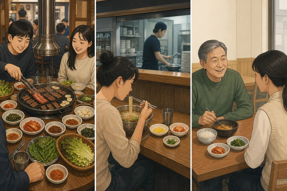 different Korean restaurant types showing fewer or more side dishes