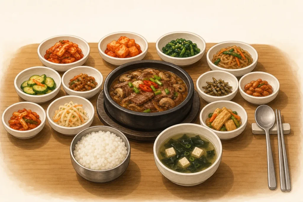 side dishes served on a Korean restaurant table with banchan for a shared meal