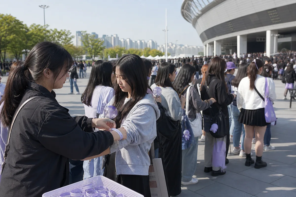 fans waiting in an outdoor queue for a K-pop concert standing zone in Korea with admission number signs