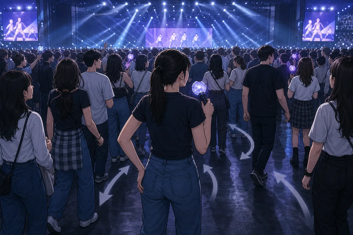 inside the standing zone at a K-pop concert in Korea with fans finding space and holding position in the crowd