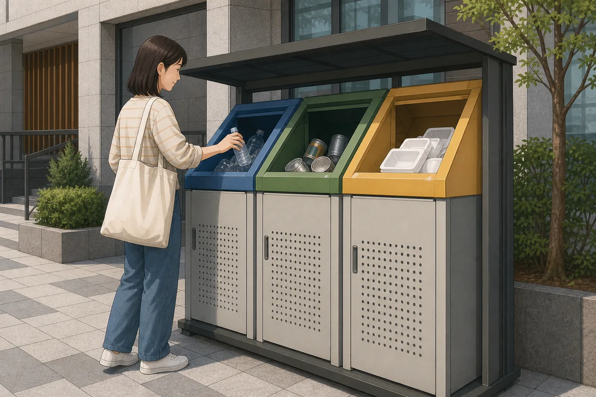 tourist separating trash in korea with food waste and general waste in a hotel or guesthouse room