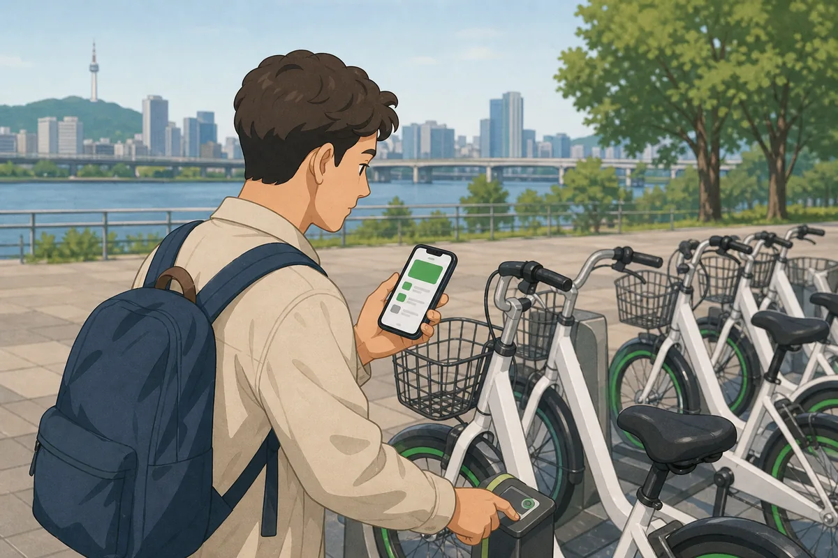 ttareungi app screen showing pass purchase and bike unlock steps at a Seoul station