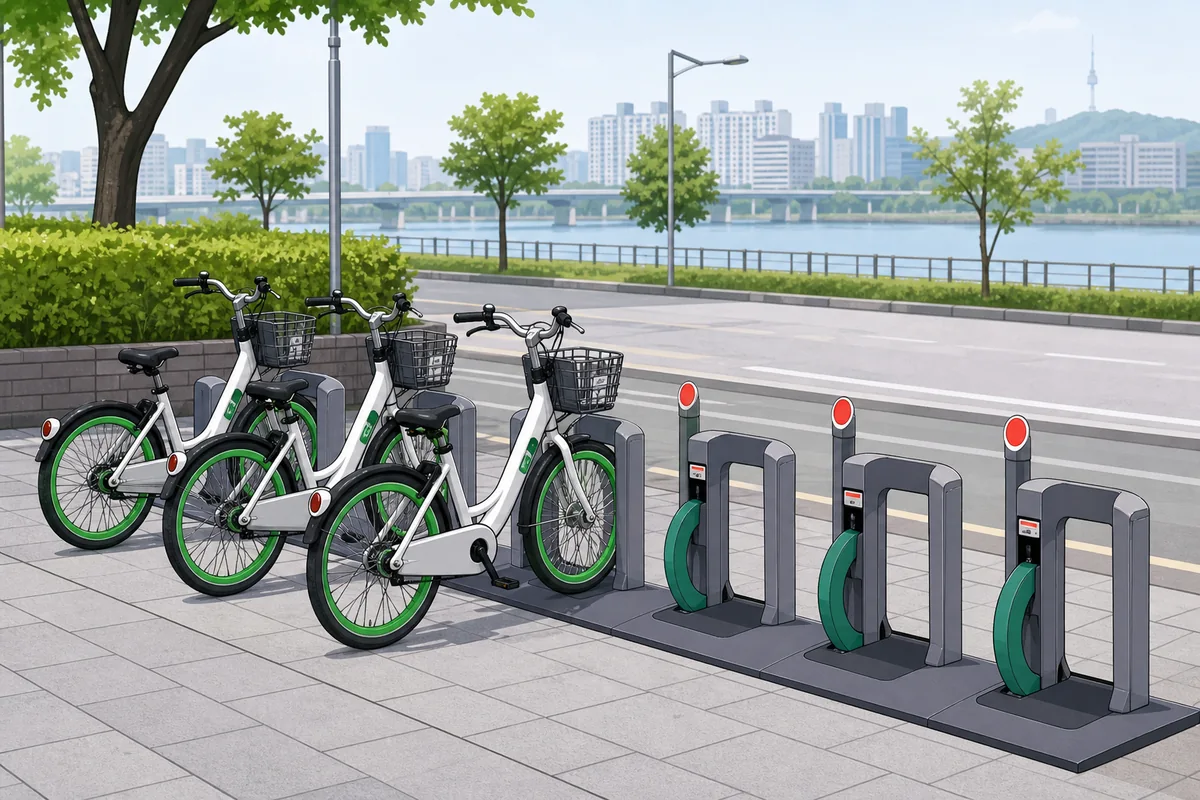 ttareungi bikes lined up at a Seoul dock with available and empty slots visible