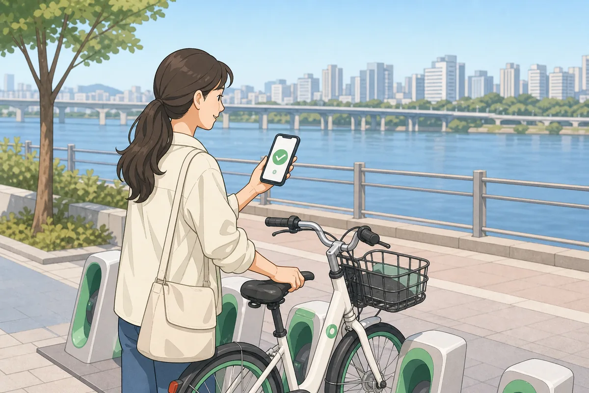 Rider returning a ttareungi bike and checking the green confirmation light