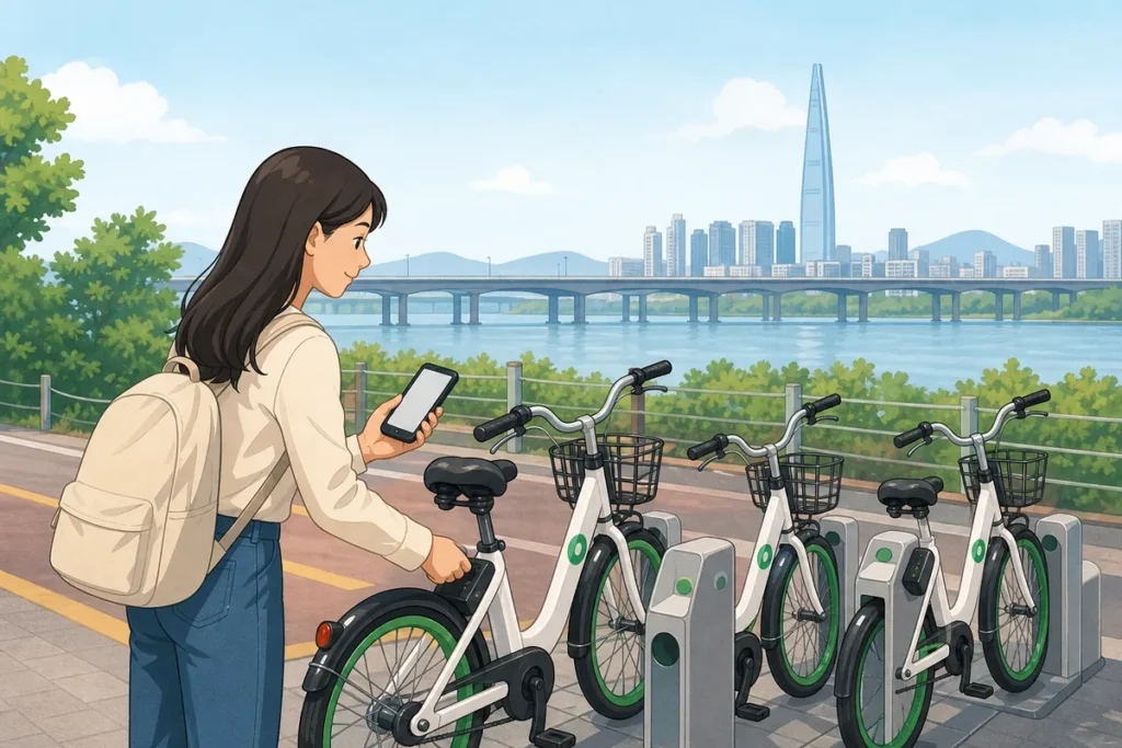 ttareungi Seoul public bike rental guide for foreigners at a station dock