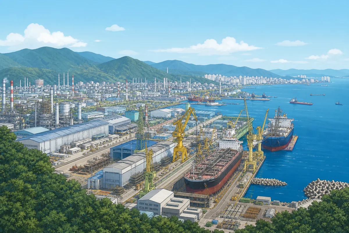 ulsan not just factories Ulsan industrial city skyline with shipyards and factory districts beside the coast