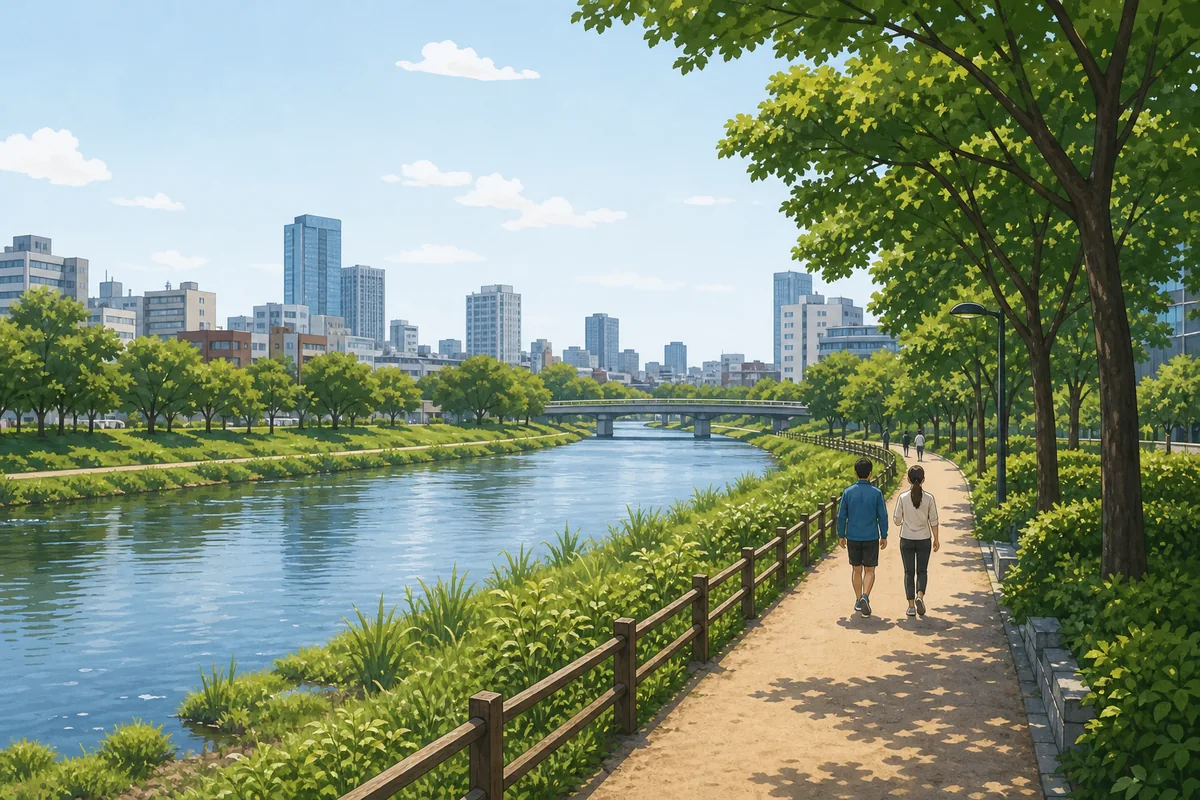 Taehwa River walking path in Ulsan with green park scenery and city center views
