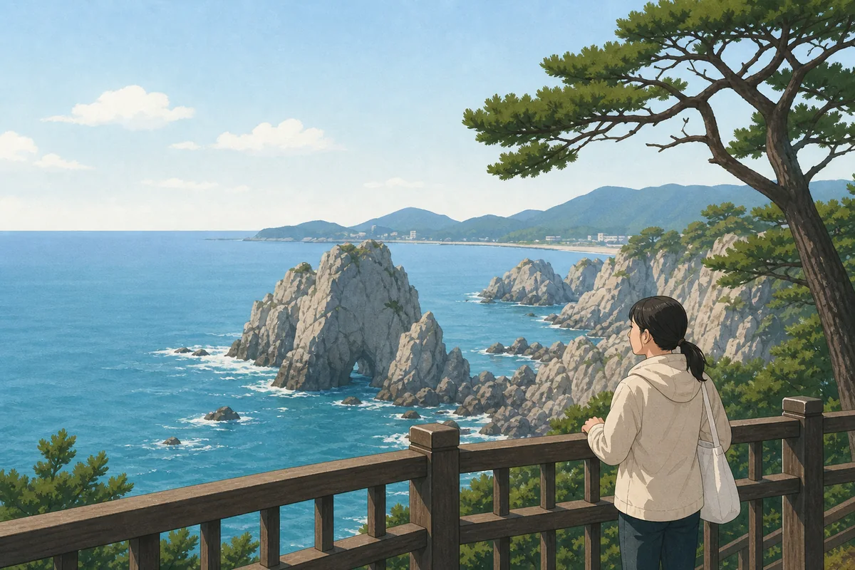 Daewangam coastal viewpoint in Ulsan with sea rocks, pine forest, and distant mountains