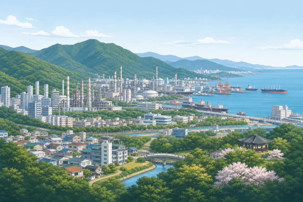 ulsan not just factories Ulsan industrial city view showing shipyards, coastline, and mountain backdrops in one frame