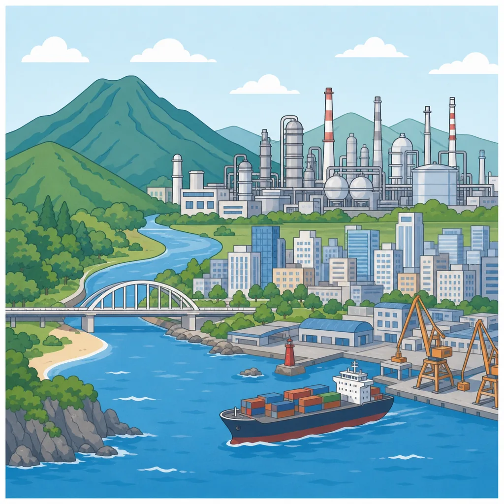 Ulsan industrial city map-style infographic showing factories, Taehwa River, Daewangam, coast, and mountain areas